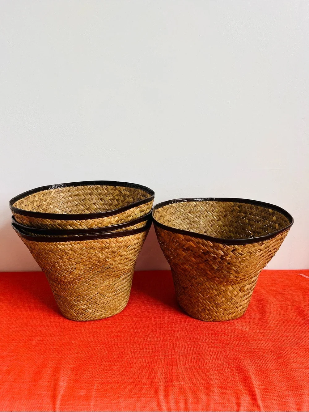 Natural Straw Storage Baskets with Dark Brown Trim